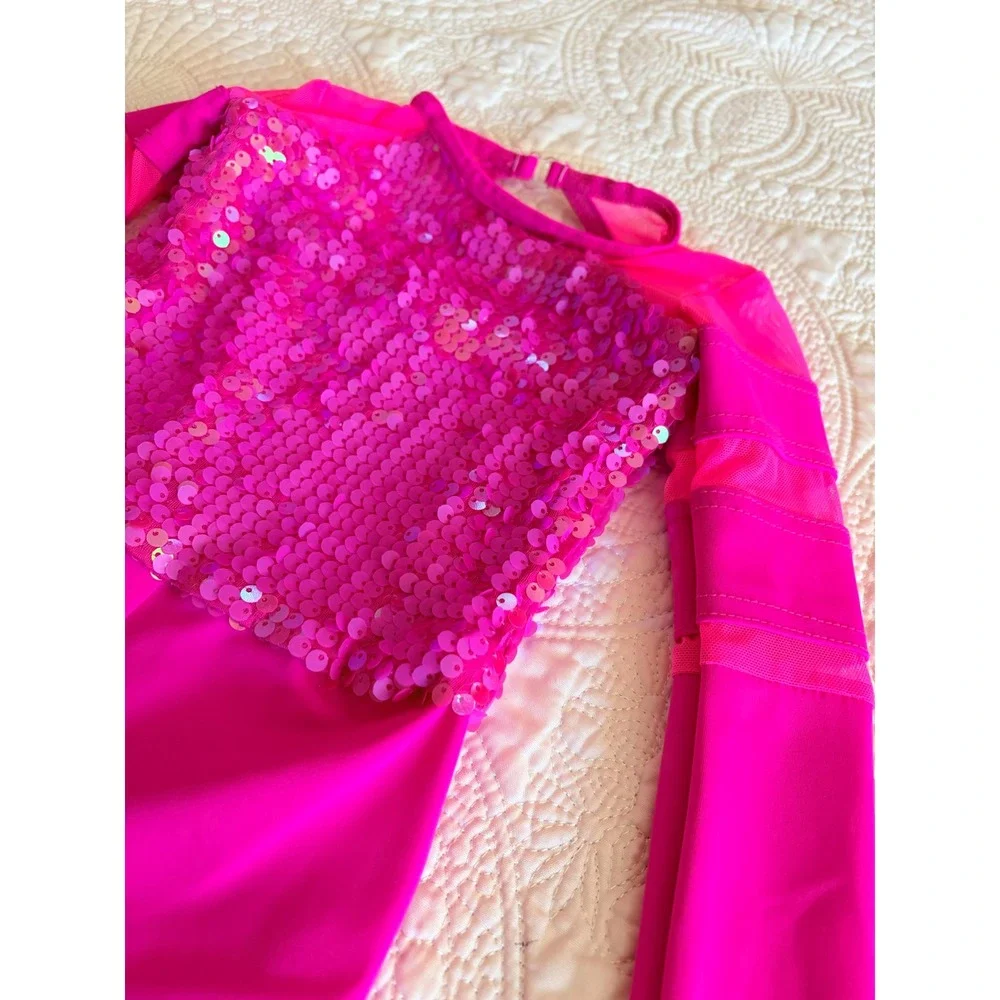 Weissman Little Girls Dance Recital Shorts Leotard Hot Neon Pink Sequins XSC